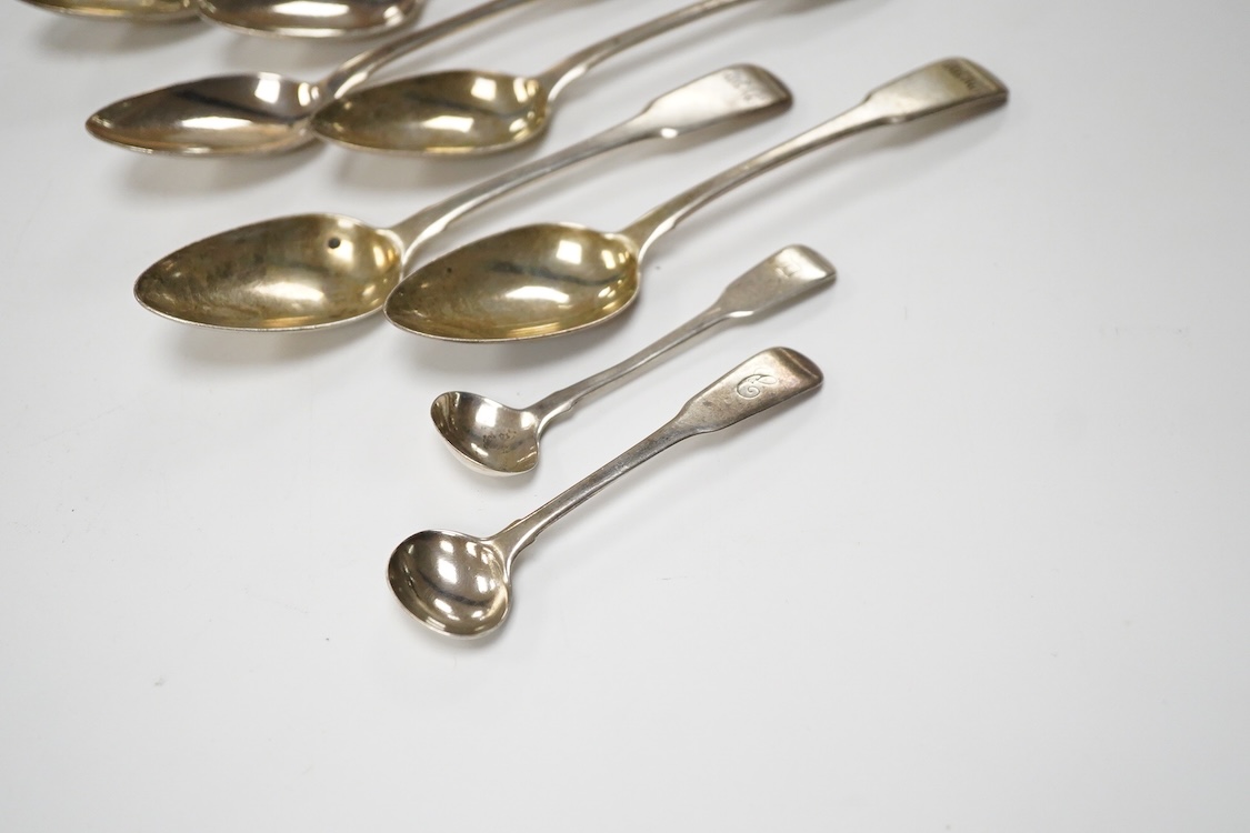 A set of six George III silver fiddle pattern dessert spoons by Ely, Fearn & Chawner, London 1808, togeter with two silver condiment spoons and a pair of Victorian silver fiddle pattern sauce ladles, Hayne & Cater, Londo